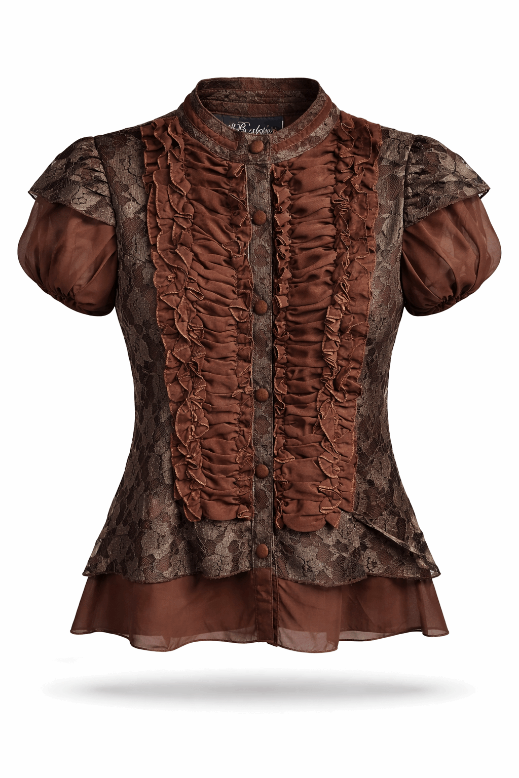 Brown chiffon Victorian shirt with lace frills.
