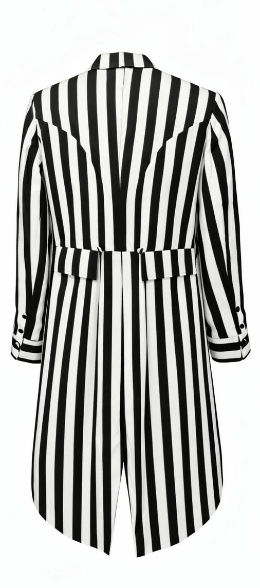 Back view of the Black and White Stripe Cotton Tailcoat (coming soon) showcasing vertical stripes and tailored design.