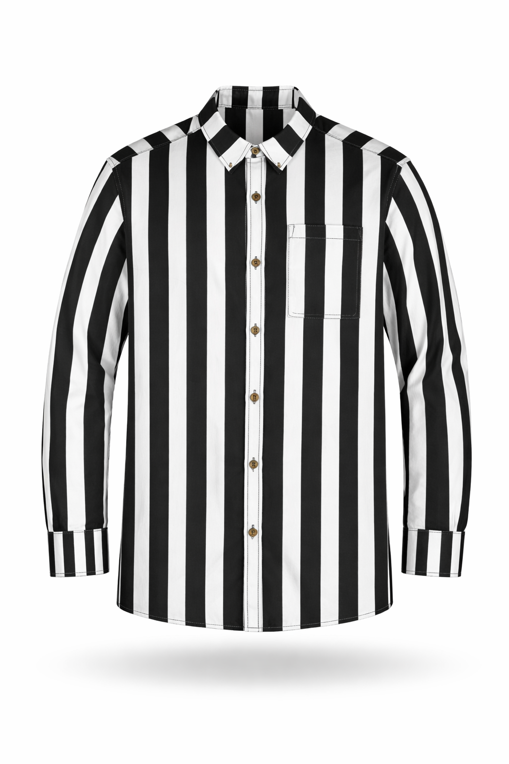 Black-and-white striped slub-cotton button-up shirt.