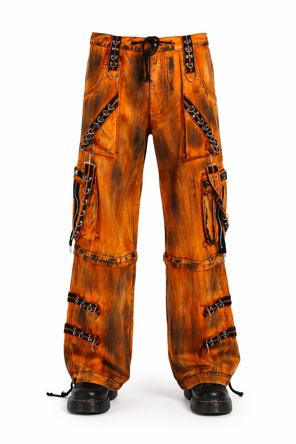 TRIPP NYC MIGHTY METAL PANT ORANGE INK WASH GOTHIC STREETWEAR with utility details and bold ink wash finish.