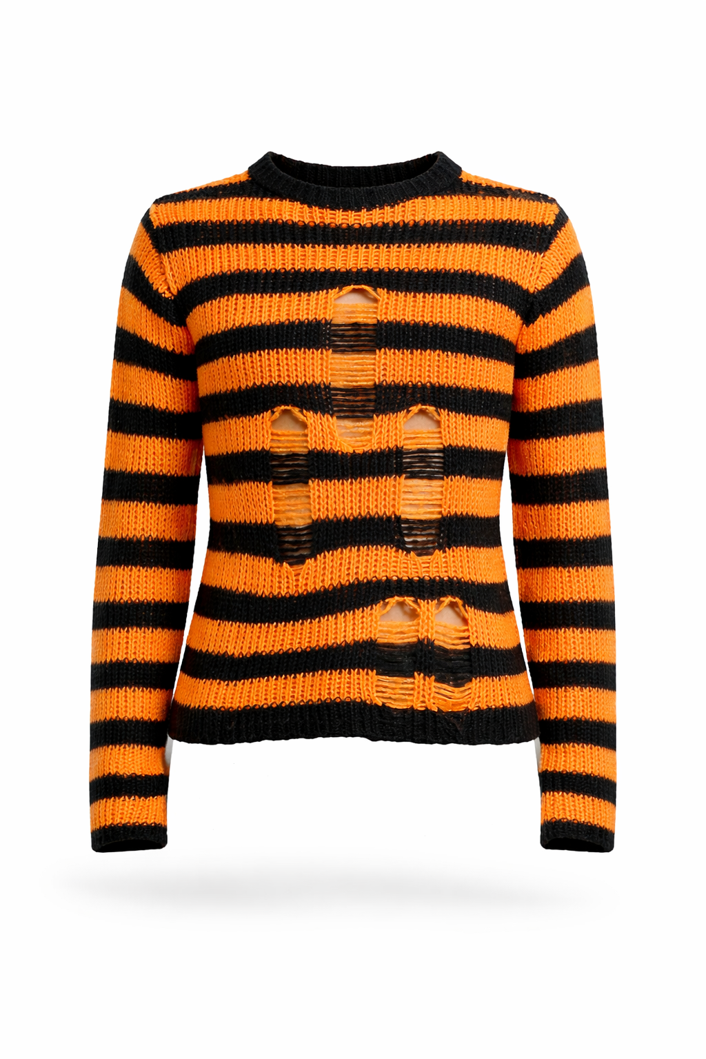 Black-and-orange Tripp NYC distressed striped sweater.