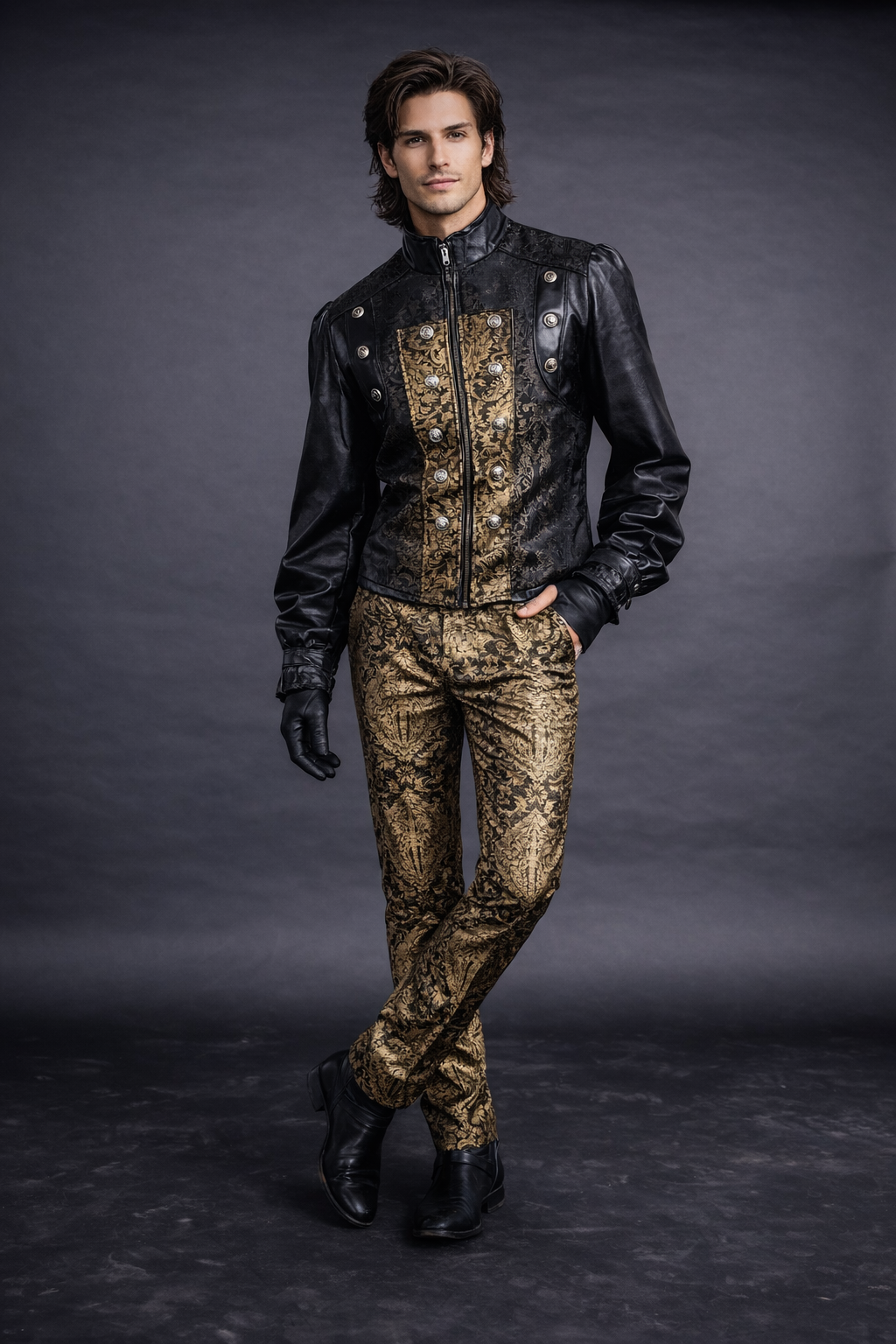 Model wearing Gold Brocade Trousers – Burleska Gothic Alternative Pants with stylish black leather jacket.