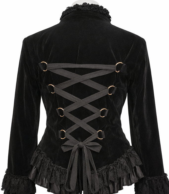 Velvet Jacket – Black Tailed Gothic Punk Alternative Coat back view showcasing crisscross lace-up design and elegant frills.