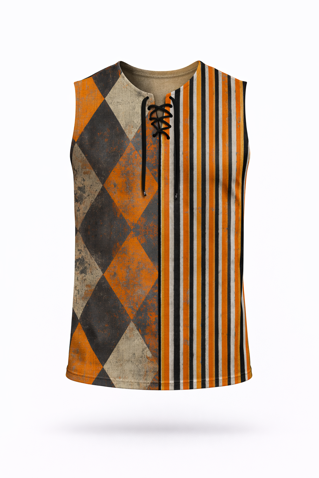 WREKED lace-up sleeveless top with stripe and harlequin print.