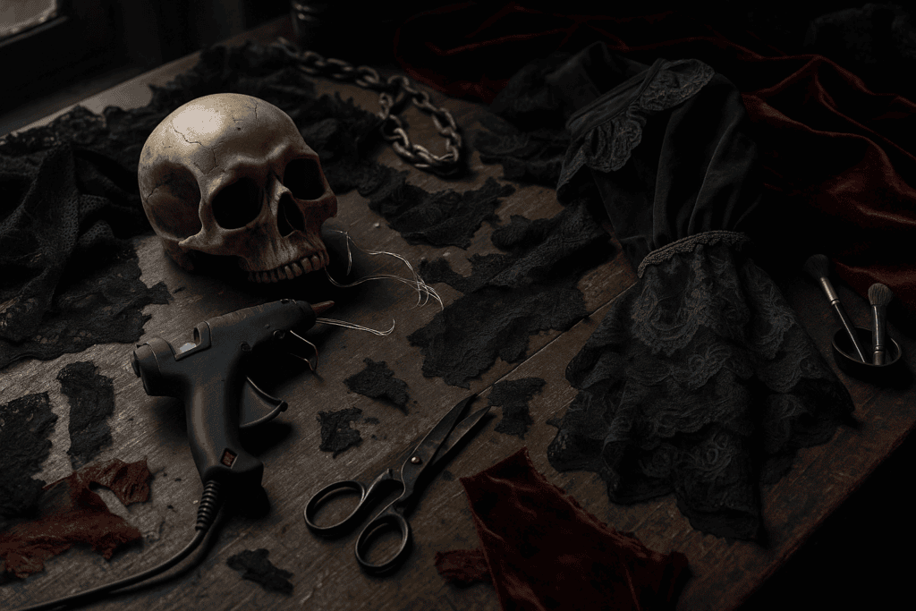 A messy DIY work table with scraps of fabric. a skull, scissors and a hot glue gun.