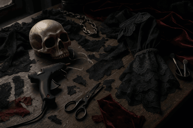 A messy DIY work table with scraps of fabric. a skull, scissors and a hot glue gun.